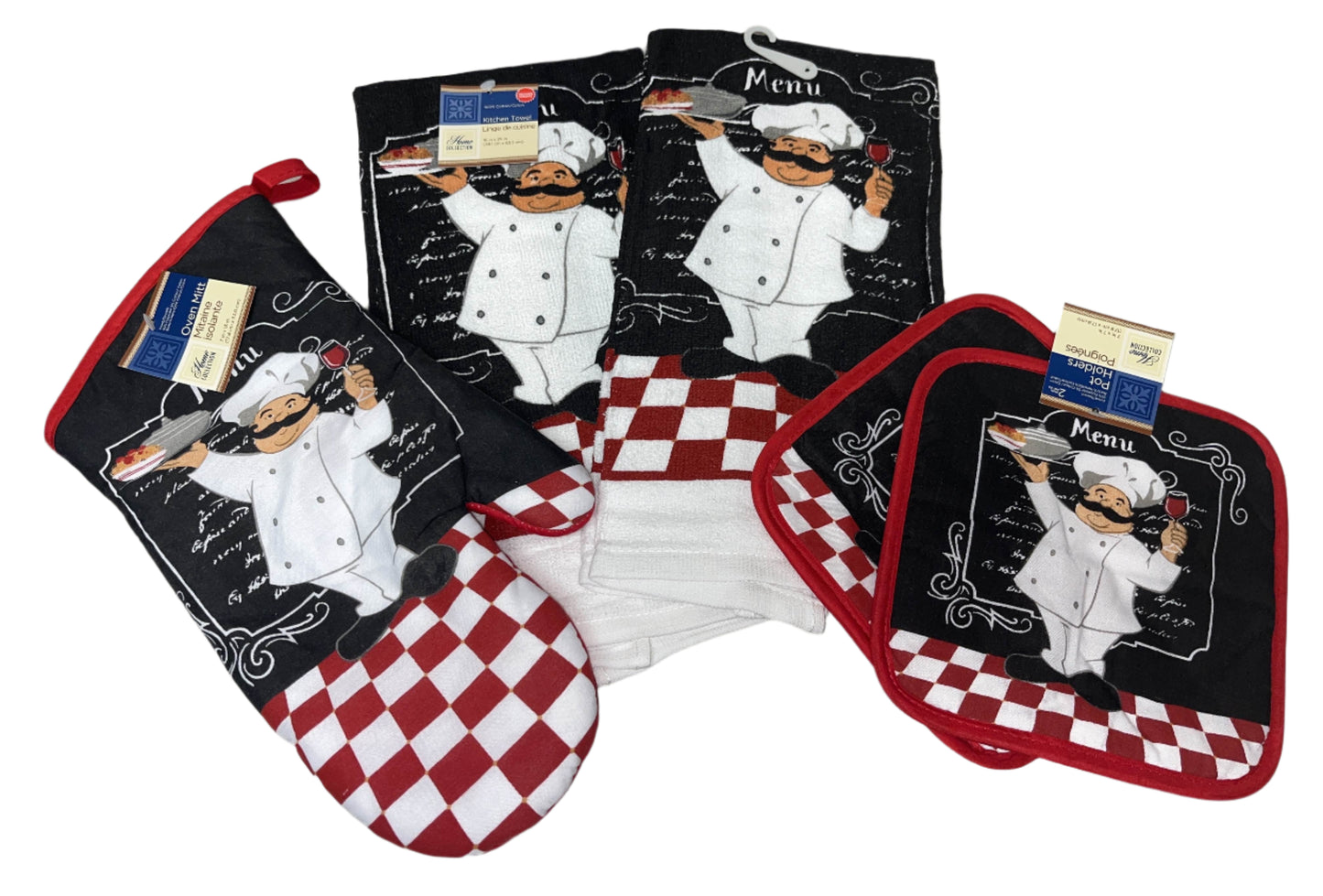 Italian Chef Themed Checkered Kitchen Linen Set, 5 piece