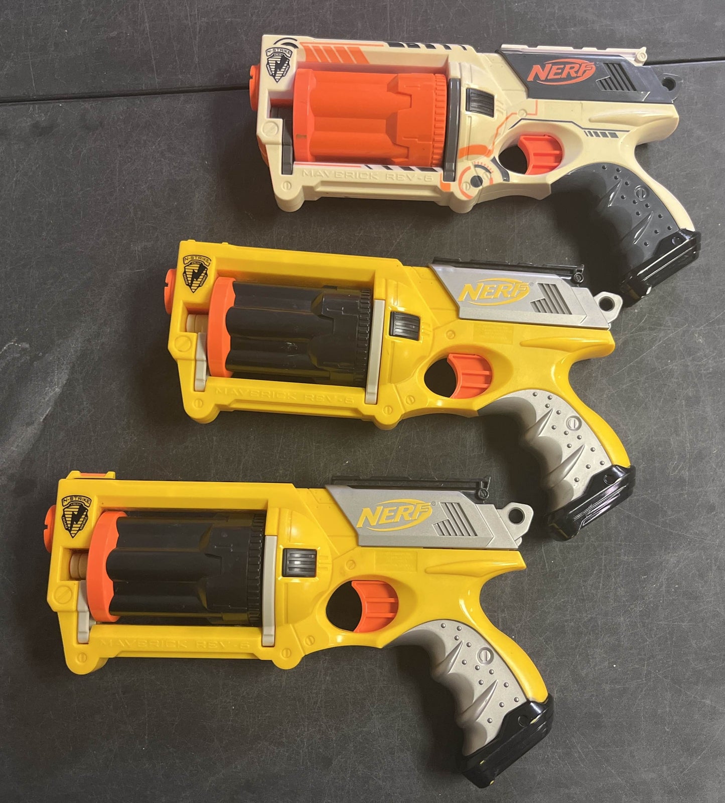 Nerf N-Strike Maverick REV-6 Revolver, Lot of 3, 2 Yellow, 1 White Guns