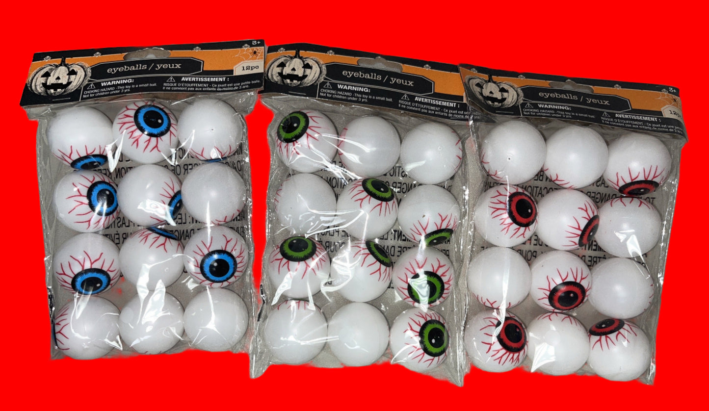 Plastic Eyeballs, 3 Packs (12 Count Each) – Blue, Green, Red – Total 36 Eyeballs