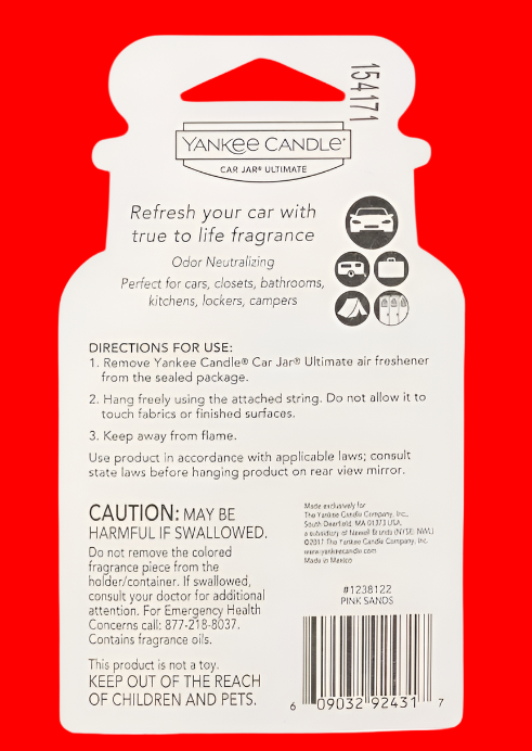Yankee Candle Car Jar Ultimate Pink Sands Scent, Hanging Car Air Freshener, 1 Count