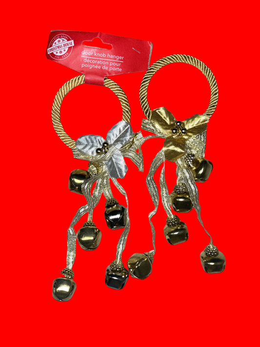 Christmas House Bells Door Knob Hanger - Gold - Set of 2