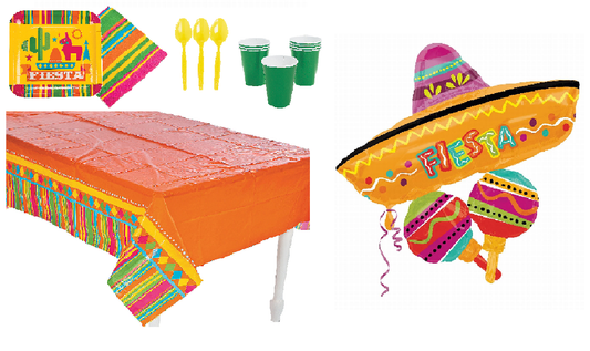 Cinco De Mayo Fiesta Party Supplies - Serves 16 - Includes Plates, Napkins, Cups, Spoons, Tablecloth and Fiesta Balloon