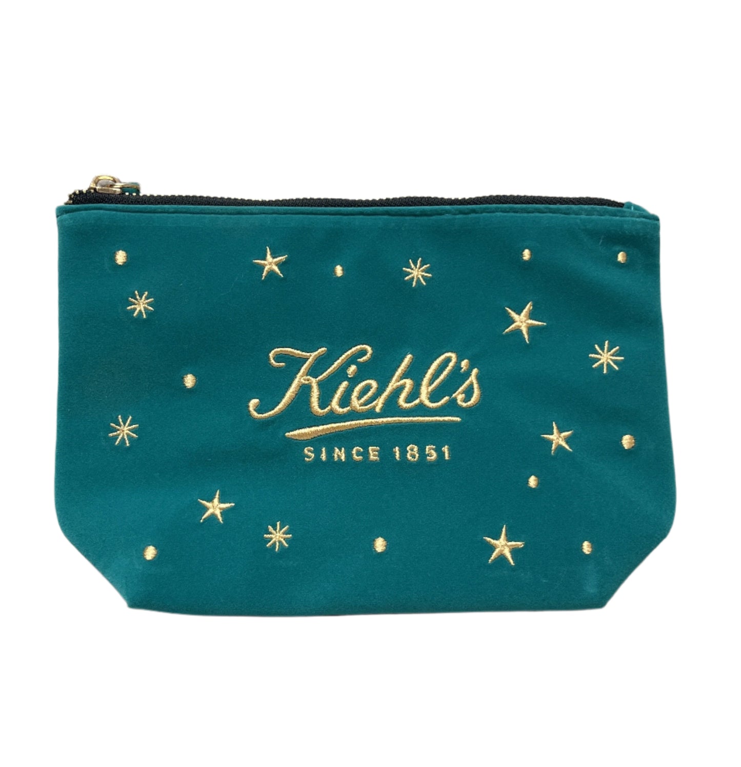 Kiehl's Cosmetic Makeup Bag Pouch Velvet – 9in x 5in (Green/Blue with Gold Embroidery)