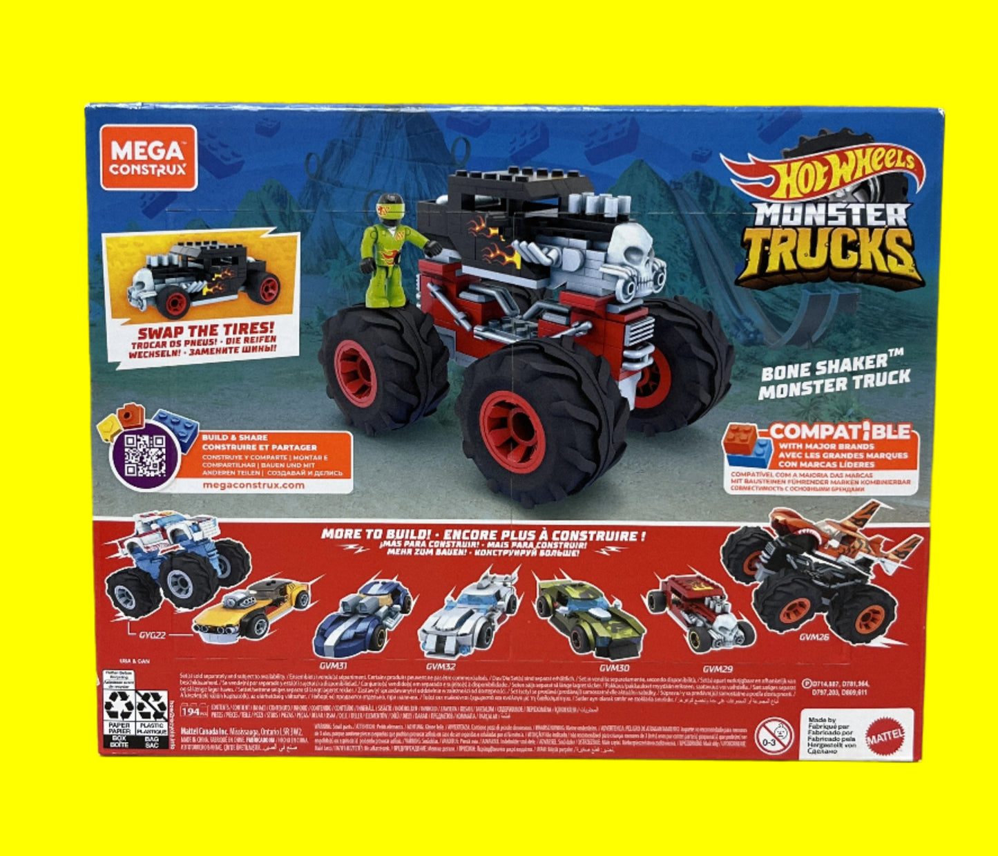 MEGA Construx Hot Wheels Monster Trucks Toy Car Building Set, Bone Shaker with 194 Pieces, 1 Micro Action Figure Driver, Red, Kids Age 5+ Years