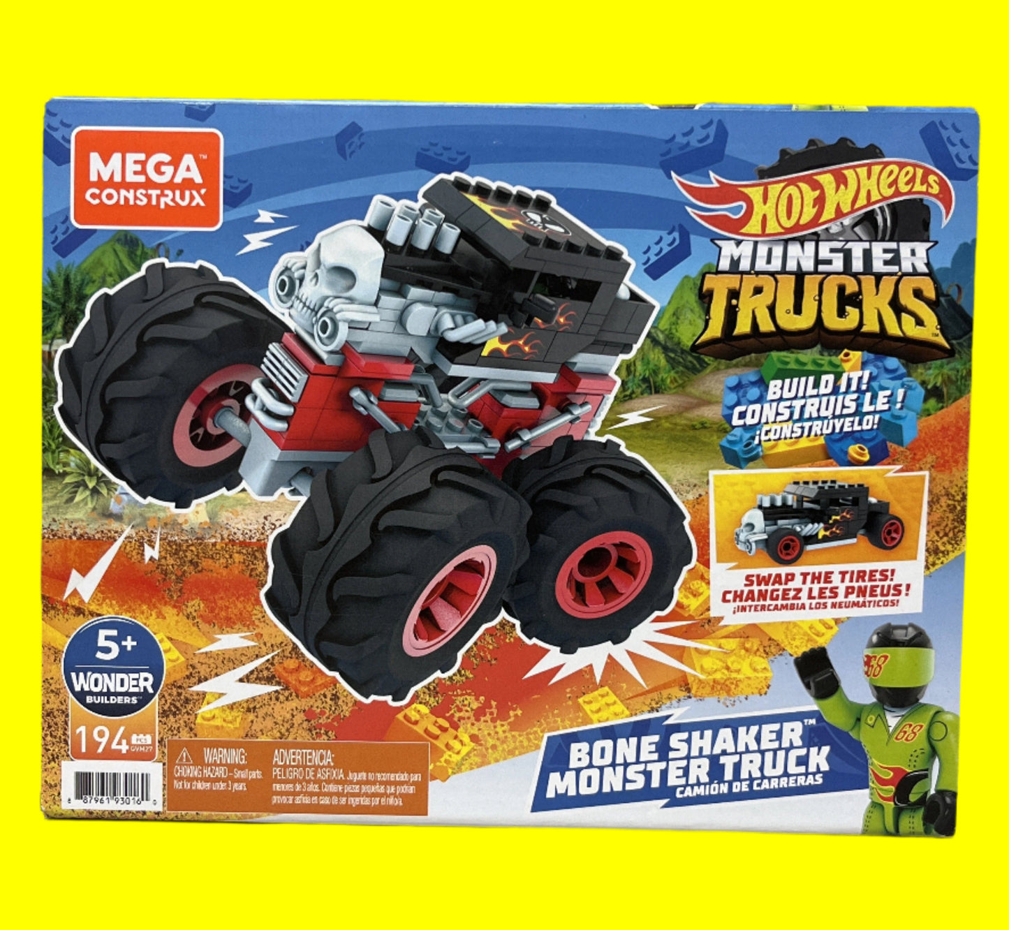 MEGA Construx Hot Wheels Monster Trucks Toy Car Building Set, Bone Shaker with 194 Pieces, 1 Micro Action Figure Driver, Red, Kids Age 5+ Years