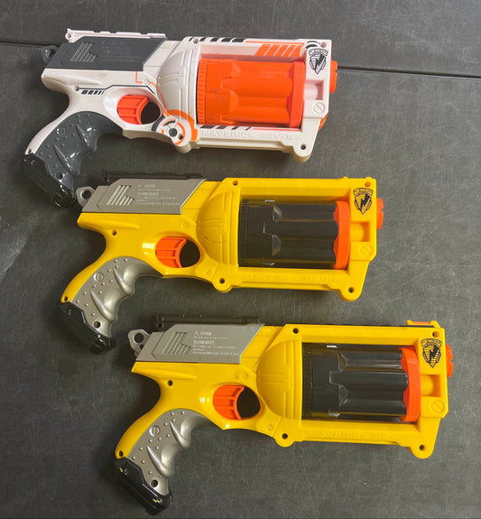 Nerf N-Strike Maverick REV-6 Revolver, Lot of 3, 2 Yellow, 1 White Guns