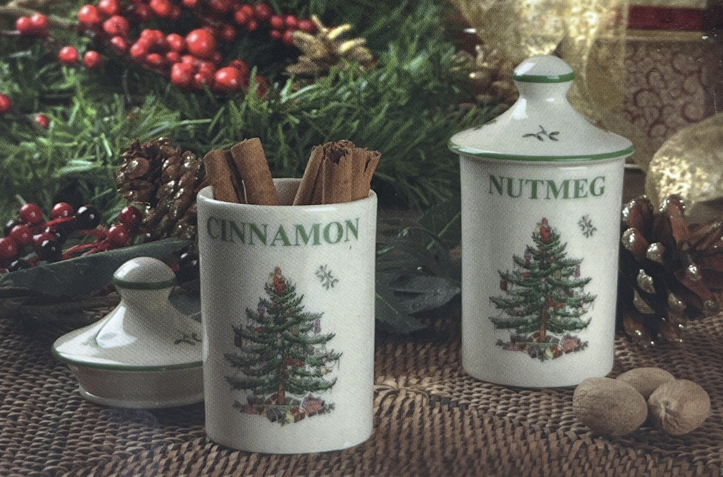 Spode Christmas Tree Spice Jars - Set of 2 Porcelain Jars for Cinnamon & Nutmeg, 4.5 Inch