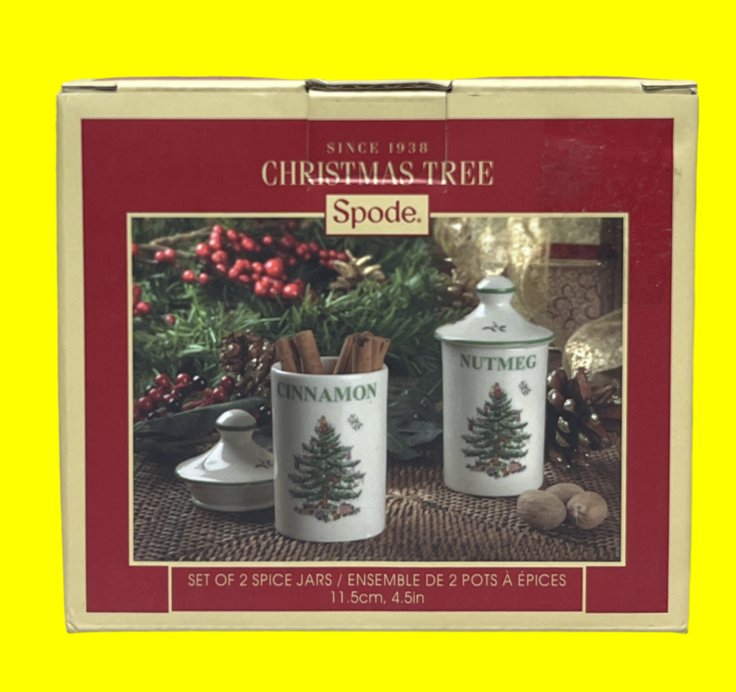 Spode Christmas Tree Spice Jars - Set of 2 Porcelain Jars for Cinnamon & Nutmeg, 4.5 Inch