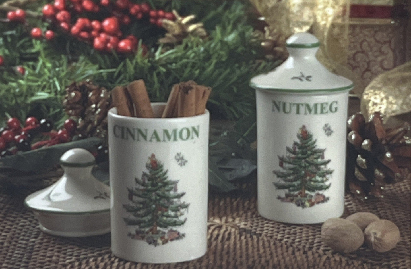 Spode Christmas Tree Spice Jars - Set of 2 Porcelain Jars for Cinnamon & Nutmeg, 4.5 Inch