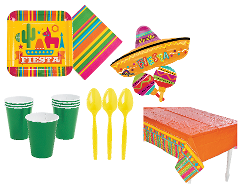 Cinco De Mayo Fiesta Party Supplies - Serves 16 - Includes Plates, Napkins, Cups, Spoons, Tablecloth and Fiesta Balloon